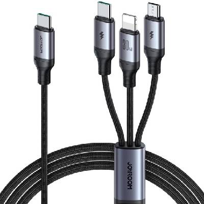 S-A21 3в1 универсален плетен кабел за зареждане - USB-C към USB-C / Lightning / micro USB - 1, 2 м - черен (87353)