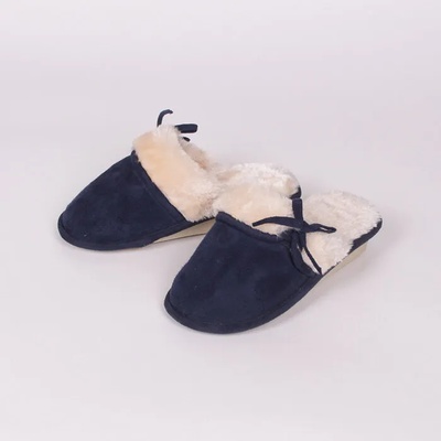 Тъмносини домашни пантофки с декоративна панделка