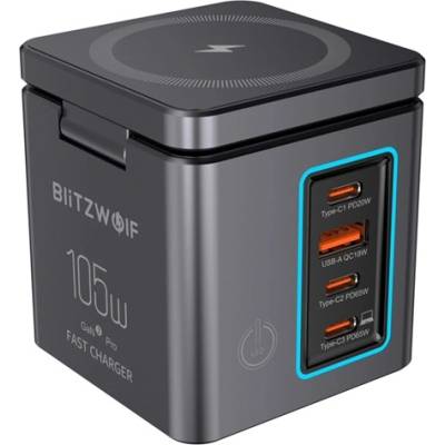 BlitzWolf Настолна зарядна стойка USB+3 Type-C 105W, зарядно за Apple Watch, ЧЕРНА BW-I113 (BW-I113)