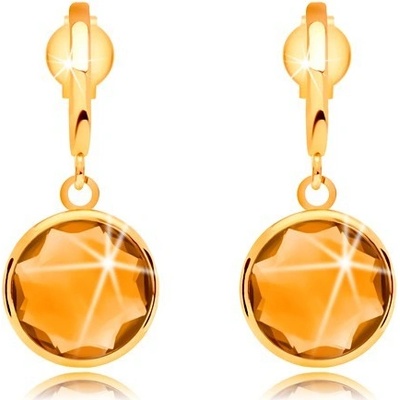 Šperky eshop náušnice ze žlutého zlata úzký oblouček a broušený citrín žluté barvy GG34.18