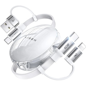 Lisen Кабел за данни Lisen (YL0123030001) - Type-C, адаптер USB към Type-C, адаптер Lightning, ABS, 60W, 1m - Бял