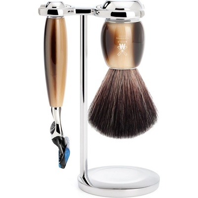 Mühle set Vivo stojánek, štětka na holení, strojek Fusion Black Fibre, Horn Brown Resin