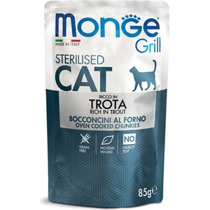 Monge Grill Sterilised Cat - Chinkies in Jelly - Trout - пауч хапки в желе с пъстърва за кастрирани - 85 гр, Италия - 3659