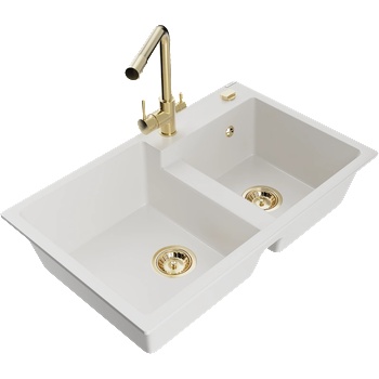 Mexen Tomas гранитна мивка 2-коморна с кухненски смесител Duero, бял - 6516-20-671600-50 (6516-20-671600-50)