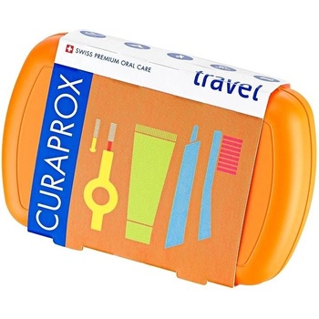 Curaprox Travel Set zubná kefka + CPS medzizubné kefky 2 ks + zubná pasta 10 ml darčeková sada, oranžový