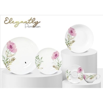 HOME ELEMENTS Porcelánová súprava tanierov Ružový mak 18 ks