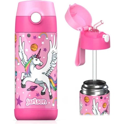 Jarlson Charli Dětská nerezová termoláhev s brčkem Unicorn 350 ml
