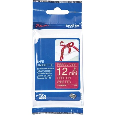 etikety Brother TZe, TZ TZe-RW34 Farba pásky: vínovo červená Farba písma:zlatá 12 mm 4 m