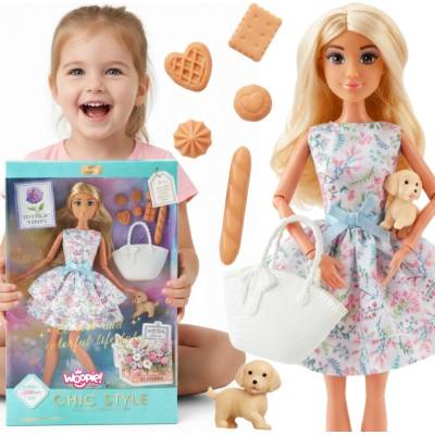 Woopie Royal bábika Lily 30 cm v jarných šatách s piknikovými doplnkami, a psíkom