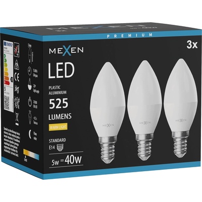 Mexen Nova 3x LED крушка E14, C37, 5W, Топла - 3000K, 525 lm - L102-E14-0530-01x03 (L102-E14-0530-01x03)