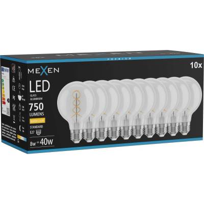 Mexen Vintis 10x LED спирална нажежаема жичка E27, G80, 8W, Топло - 2700K, 750 lm, прозрачно (L165-E27-0827-00x10)