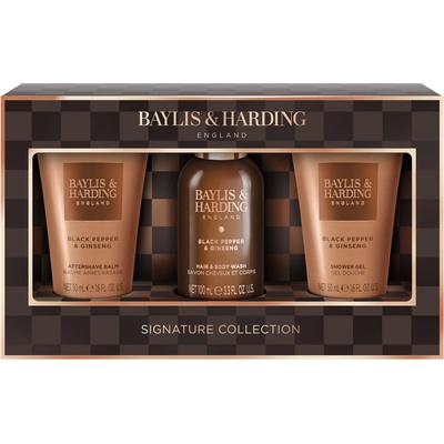Baylis & Harding Black Pepper & Ginseng sprchový gél 50 ml + umývací gél na telo a vlasy 100 ml + balzam po holení 50 ml