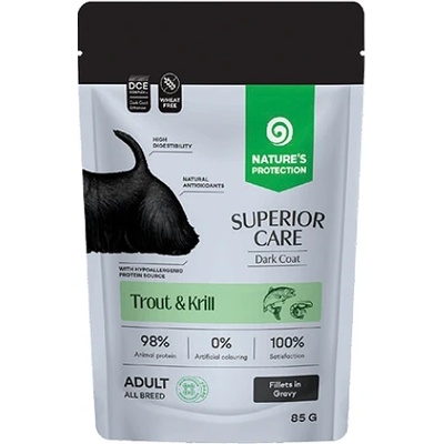 AKVATERA Nature's Protection DOG SUPERIOR CARE Dark Coat Grain Free Adult All Breed Dogs with Trout and Krilll, пауч за пораснали кучета от всички породи с тъмна козина - филета в сос с пъстърва и крил, Литва - 85 гр 210753