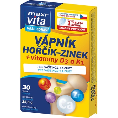 MaxiVita Vápnik + Horčík + Zinok + Vitamíny D3 a K1 30 tabliet