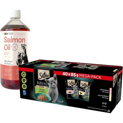 Sheba Kitten losos a kura 40 x 85 g a LAB V Lososový olej pre psov a mačky 1000 ml