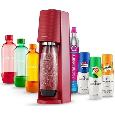 SodaStream Terra Red + 3 láhve Jet TriPack Orange Red Green 1l + Sirup Pepsi, MIrinda, 7UP 440 ml