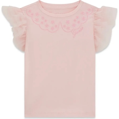GUESS Розова тениска за мини момиче с ръкави воал и малък бродиран надпис Guess