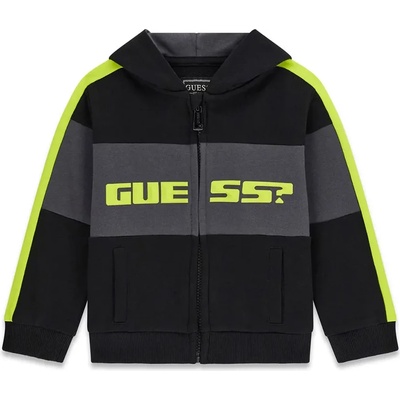GUESS Спортен суичър за мини момче в черен цвят с контрастни ленти и електрикав надпис Guess