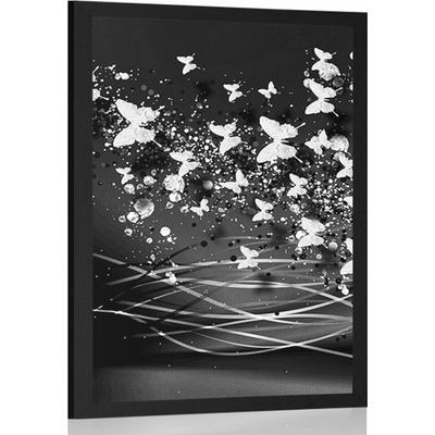 Plakát nádherný jelen s motýly v černobílém provedení - 60x90 silver