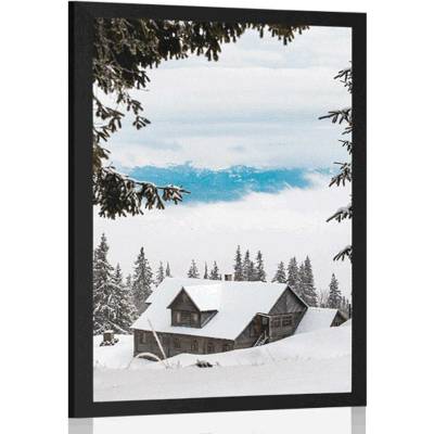 Plakát dřevěný domeček při zasněžených borovicích - 20x30 silver