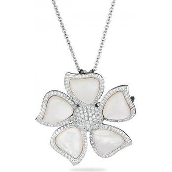 Image 1 of Swan Сребърно колие-брошка с висулка цвете от бял седеф и вграден циркон FLOWERNW Swan