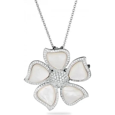 Swan Сребърно колие-брошка с висулка цвете от бял седеф и вграден циркон FLOWERNW Swan