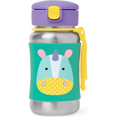 Skip Hop Zoo Straw Bottle fľaša na vodu z nehrdzavejúcej ocele s rúrkou Unicorn 12 m+ 350 ml
