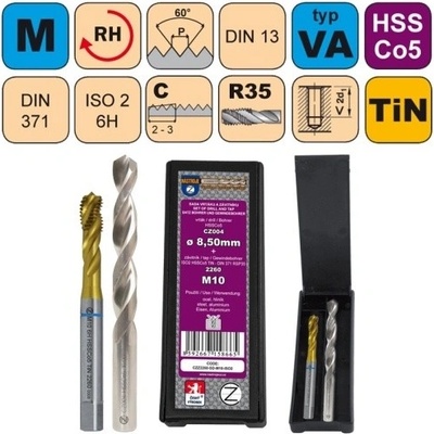 NÁSTROJE CZ Sada str. závitníku /CZZ2260/HSSCo5 TiN a vrtáku CZ004 HSSCo5 v plastové krabičce CZZ Závit: SD-M4