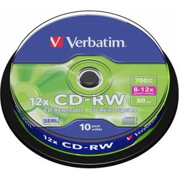 Verbatim CD-RW диск, презаписваем, SERL, 700MB, 8-10x, 10 бр. , на ролка 43480 (43480)