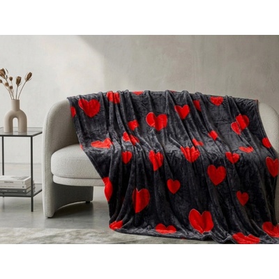 Textilomanie Mikroplyšová deka RED HEARTS černá 160x200