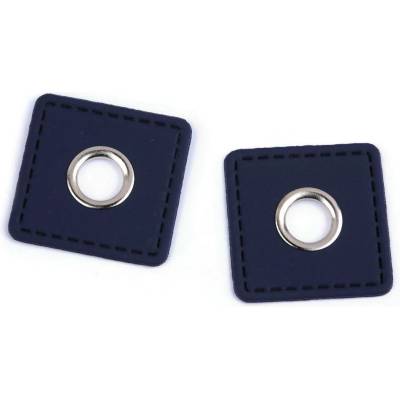 Průchodka s koženkovým čtverečkem k našití, průvlek 10 mm, střední, 6 modrá tmavá