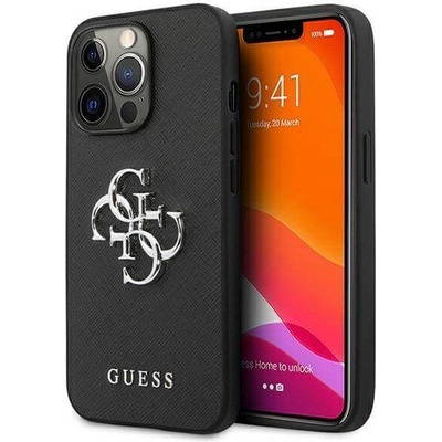 GUESS Saffiano 4G Metal Logo Leather Hard Case - дизайнерски кожен кейс за iPhone 13 Pro (черен)