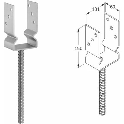 Domax zapustená pätka stĺpika typu U PSZ 100 - 101 x 60 x 150 x 4.0 mm 6 ks