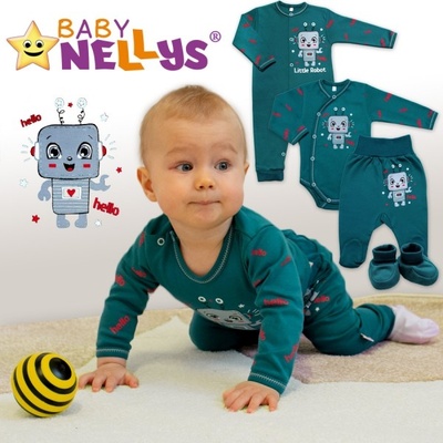 Baby Nellys Bavlněný kojenecký overal bez šlapek Little Robot tmavě zelený