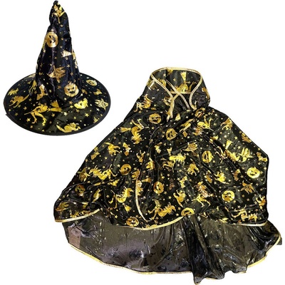 Čarodějnický plášť s kloboukem černo-zlatý – Zboží Dáma