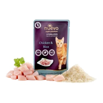 nuevo Sterilized Chicken & Rice за израснали кастрирани котки със склонност към затлъстяване 85gr