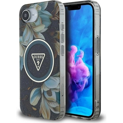 GUESS Калъф Guess IML Metal Glitter Flowers Triangle MagSafe за iPhone 16e - черен