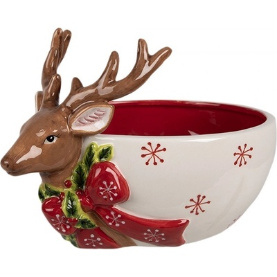 Clayre & Eef Dekorativní bílo červená keramická miska s jelenem Deer 21 x 16 x 14 cm 700 ml