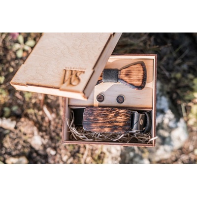 Wood Style Set Opalovaný opasek s motýlkem a manžetovými knoflíky