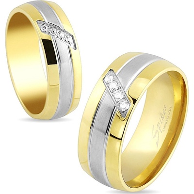 Šperky eshop prsten z oceli linie zlaté a stříbrné šikmý pásek čirých zirkonů S83.01