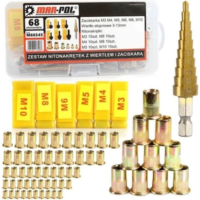 MAR-POL Nýtovací matice, nýtovací trny M3 - M10, se stupňovitým vrtákem, sada 68 ks M66545 – Zbozi.Blesk.cz
