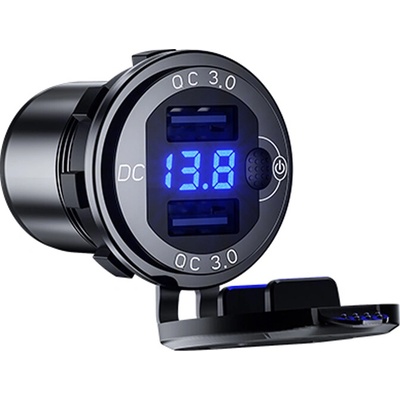 BIKETEC PRO motocyklová zásuvka 2x USB-A 3.0 QC s voltmetrem a přídavným spínačem (EL)