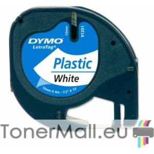  Съвместима касета DYMO LetraTag Plastic 12mm x 4m, Black on White 91201