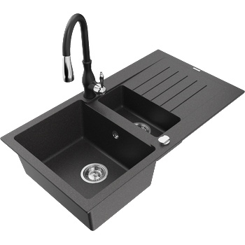 Mexen Matias гранитна мивка с 1, 5 камери с отцеждане и кухненски смесител Savita, черно на петна - 6502-76-672601-70 (6502-76-672601-70)
