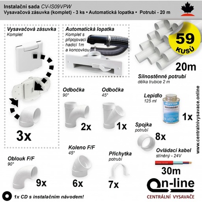 Instalační komplet centrálního vysávání - zásuvka (3 ks), podlahová štěrbina (1 ks), potrubí (20 m), potrubní díly (59 dílů). Určeno pro centrální vysavače a centrální vysávání.