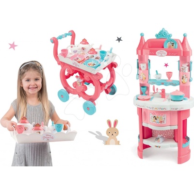 Smoby set kuchynka Princezné s vežičkami a 19 doplnkami obojstranná a servírovací vozík s čajovou súpravou 311700-2