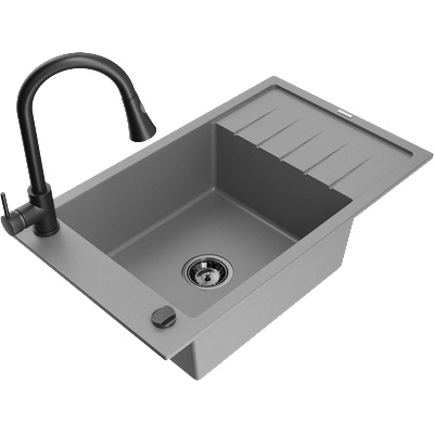 Mexen Elias гранитна мивка с 1 корито с отцедник и кухненски смесител Elia, сив - 6511-71-670101-70-B (6511-71-670101-70-B)