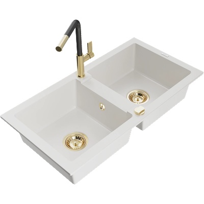 Mexen Mario гранитна мивка с 2 отделения с кухненски смесител Flora, бял (6504-20-670401-57-G)