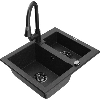 Mexen Carlos мивка гранит 1, 5-камерна с кухненски смесител Elia, черен/сребърен металика - 6518-73-670101-70-B (6518-73-670101-70-B)