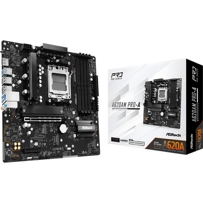 Дънна платка ASRock A620AM PRO-A, A620A, AM5, DDR5, PCI-E 4.0 (HDMI), 2x SATA3 6.0 Gb/s, 3x M. 2 slots, 1x USB 3.2 Gen1 Type-C, 3x USB 3.2 Gen1 Type-A, 2.5GbE LAN, Micro ATX (A620AM PRO-A)
